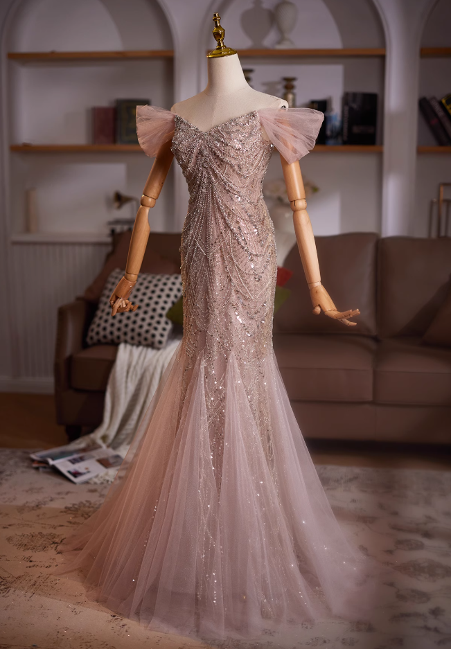 Adorable Off-Shoulder Evening Mermaid Gowns Splicing Tulle Sequins Beading Prom Dress AP4984