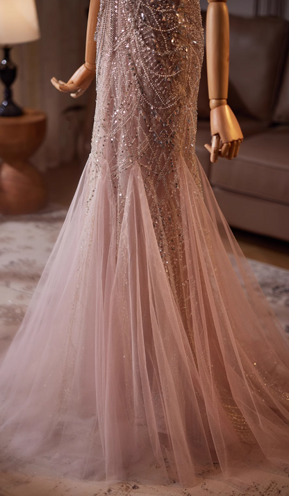 Adorable Off-Shoulder Evening Mermaid Gowns Splicing Tulle Sequins Beading Prom Dress AP4984
