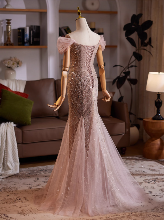 Adorable Off-Shoulder Evening Mermaid Gowns Splicing Tulle Sequins Beading Prom Dress AP4984