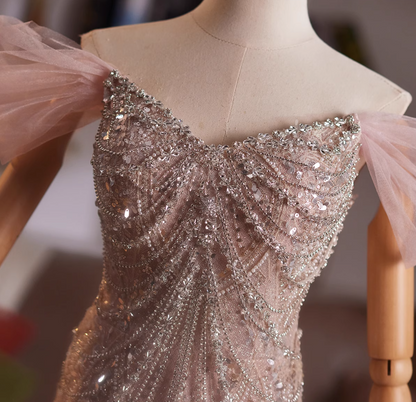 Adorable Off-Shoulder Evening Mermaid Gowns Splicing Tulle Sequins Beading Prom Dress AP4984