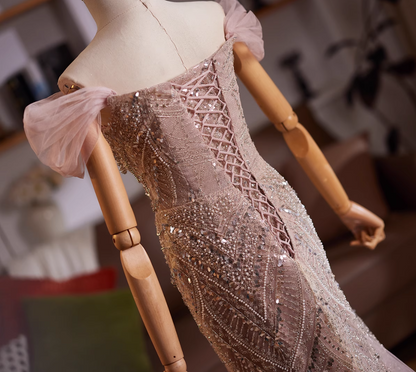 Adorable Off-Shoulder Evening Mermaid Gowns Splicing Tulle Sequins Beading Prom Dress AP4984