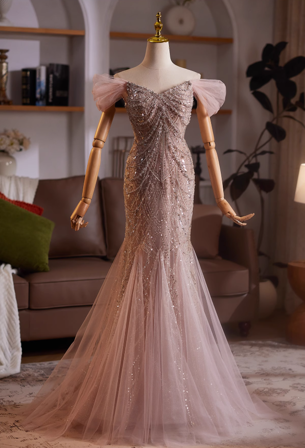 Adorable Off-Shoulder Evening Mermaid Gowns Splicing Tulle Sequins Beading Prom Dress AP4984