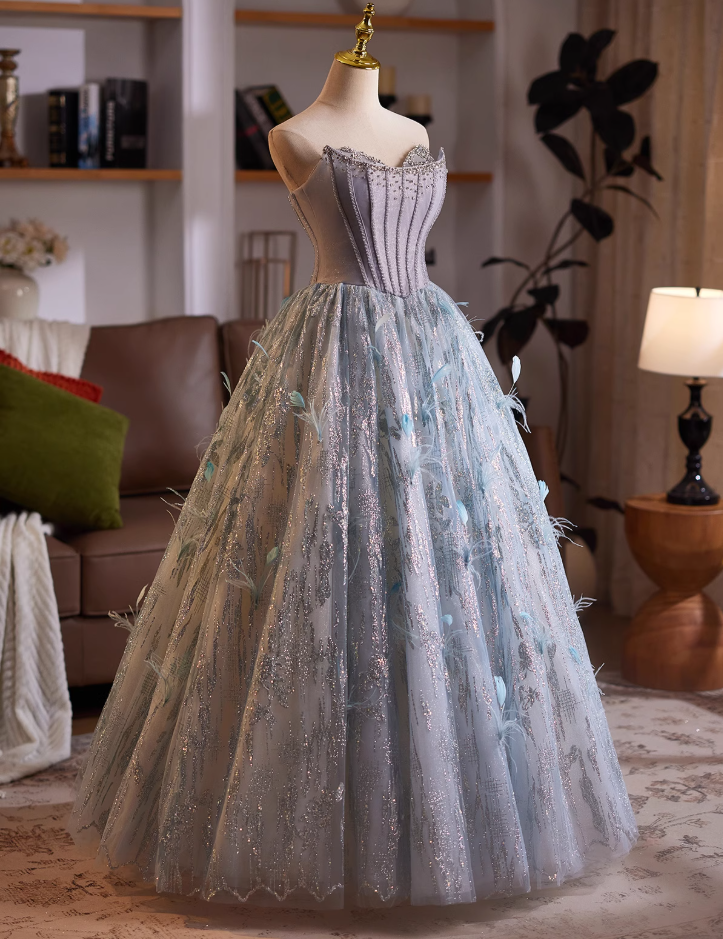 Playful Strapless A-Line Sweet 16th Evening Dresses Sequins Beading Feather Prom Dress AP4985