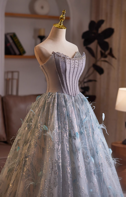 Playful Strapless A-Line Sweet 16th Evening Dresses Sequins Beading Feather Prom Dress AP4985