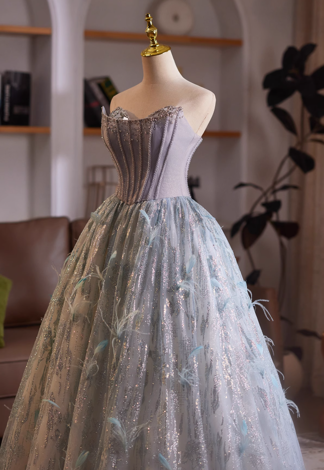 Playful Strapless A-Line Sweet 16th Evening Dresses Sequins Beading Feather Prom Dress AP4985