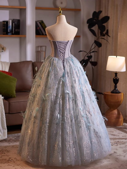 Playful Strapless A-Line Sweet 16th Evening Dresses Sequins Beading Feather Prom Dress AP4985