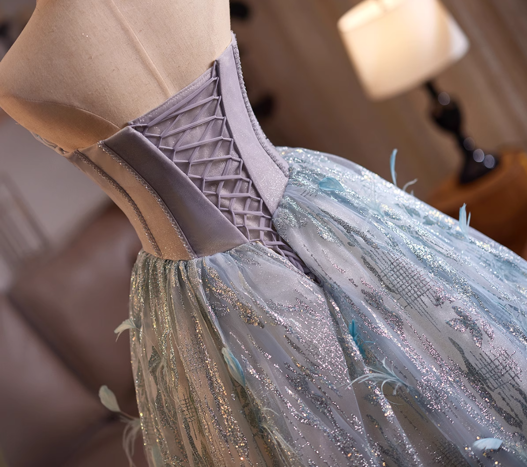 Playful Strapless A-Line Sweet 16th Evening Dresses Sequins Beading Feather Prom Dress AP4985