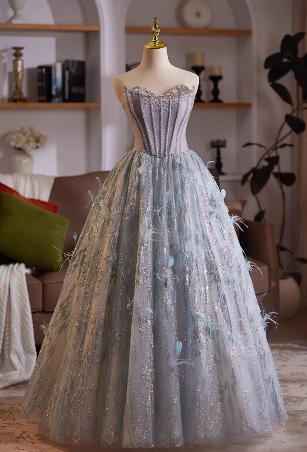 Playful Strapless A-Line Sweet 16th Evening Dresses Sequins Beading Feather Prom Dress AP4985