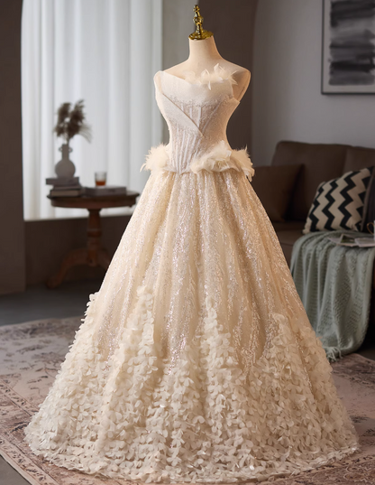 Stylish Strapless A-Line Sweet 16th Evening Dresses Sequins Appliques Feather Prom Dress AP4986