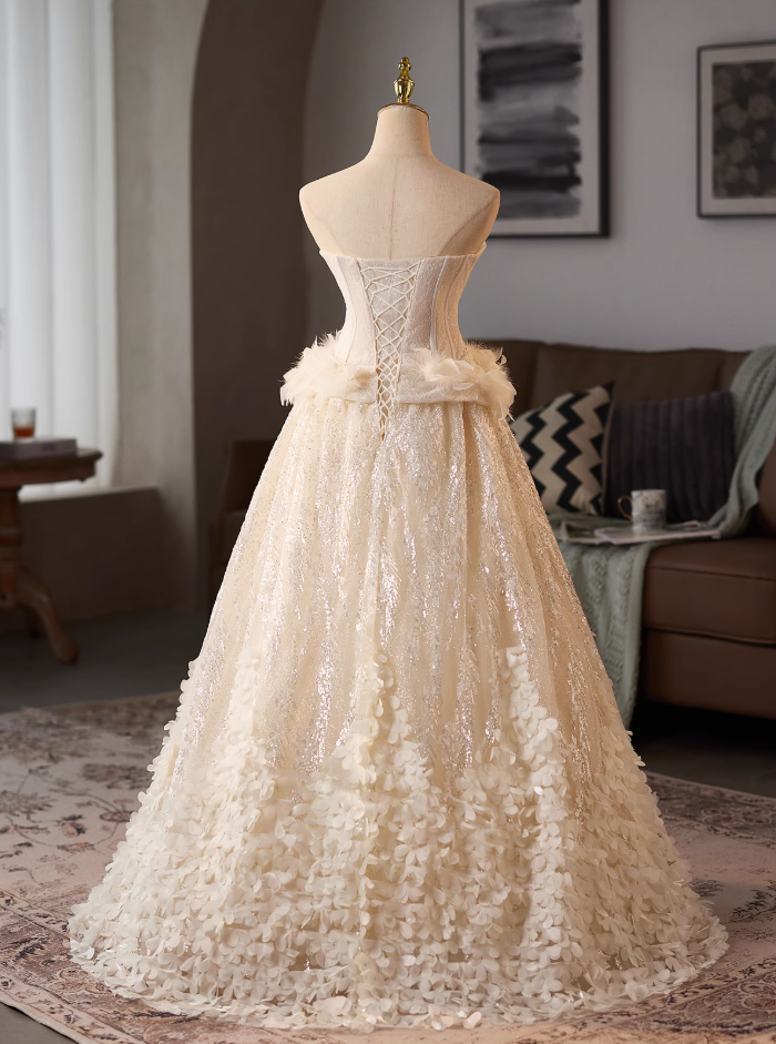 Stylish Strapless A-Line Sweet 16th Evening Dresses Sequins Appliques Feather Prom Dress AP4986