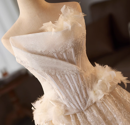 Stylish Strapless A-Line Sweet 16th Evening Dresses Sequins Appliques Feather Prom Dress AP4986