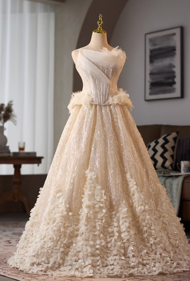 Stylish Strapless A-Line Sweet 16th Evening Dresses Sequins Appliques Feather Prom Dress AP4986
