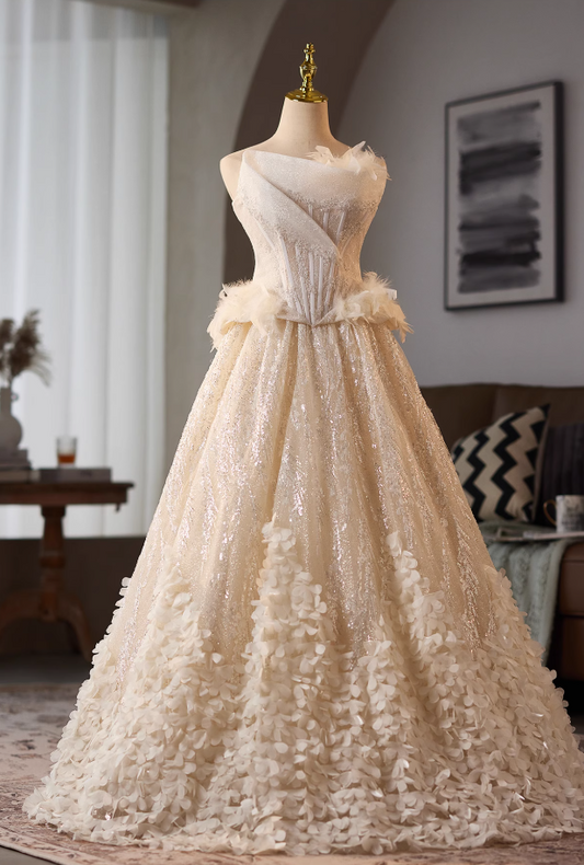 Stylish Strapless A-Line Sweet 16th Evening Dresses Sequins Appliques Feather Prom Dress AP4986