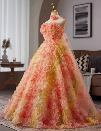Flattering Strapless A-Line Sweet 16th Gowns 3D Appliques Beaed Prom Dress AP4987