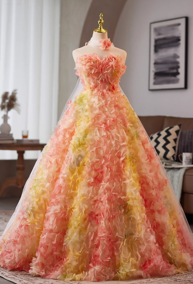 Flattering Strapless A-Line Sweet 16th Gowns 3D Appliques Beaed Prom Dress AP4987