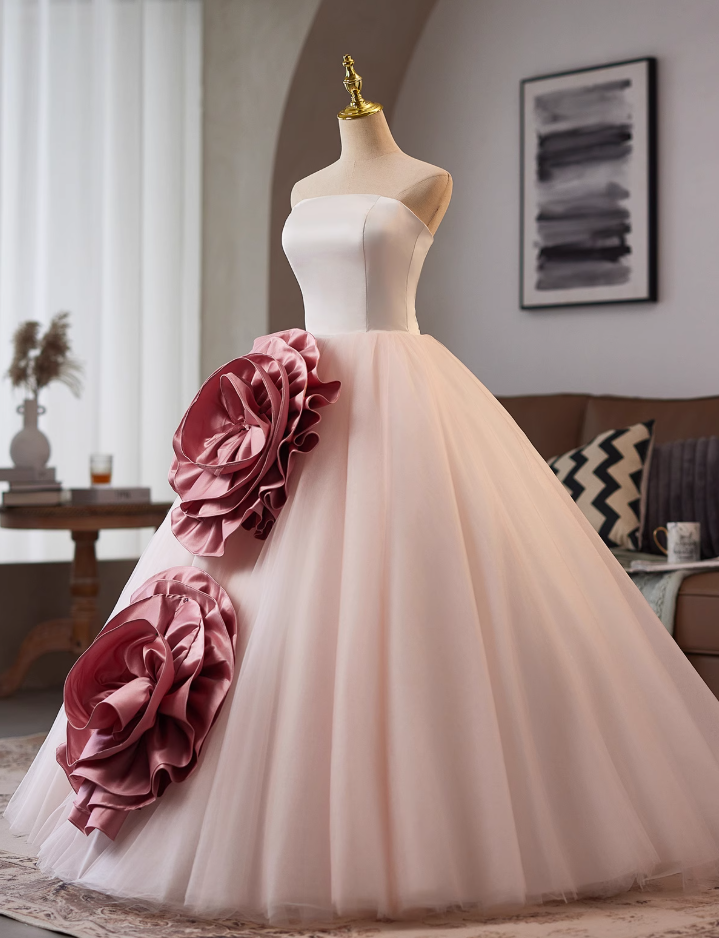 Fitted Strapless A-Line Sweet 16th Gowns Handmade Flowers Layered Tulle Prom Dress AP4988