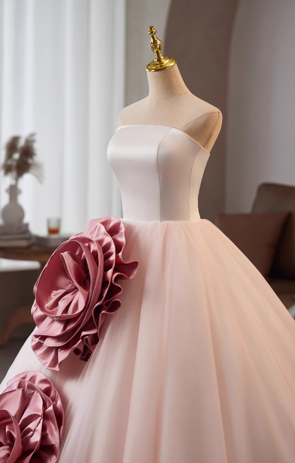 Fitted Strapless A-Line Sweet 16th Gowns Handmade Flowers Layered Tulle Prom Dress AP4988