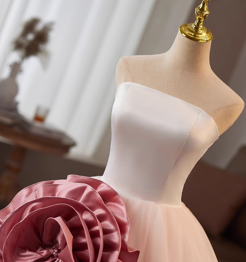 Fitted Strapless A-Line Sweet 16th Gowns Handmade Flowers Layered Tulle Prom Dress AP4988
