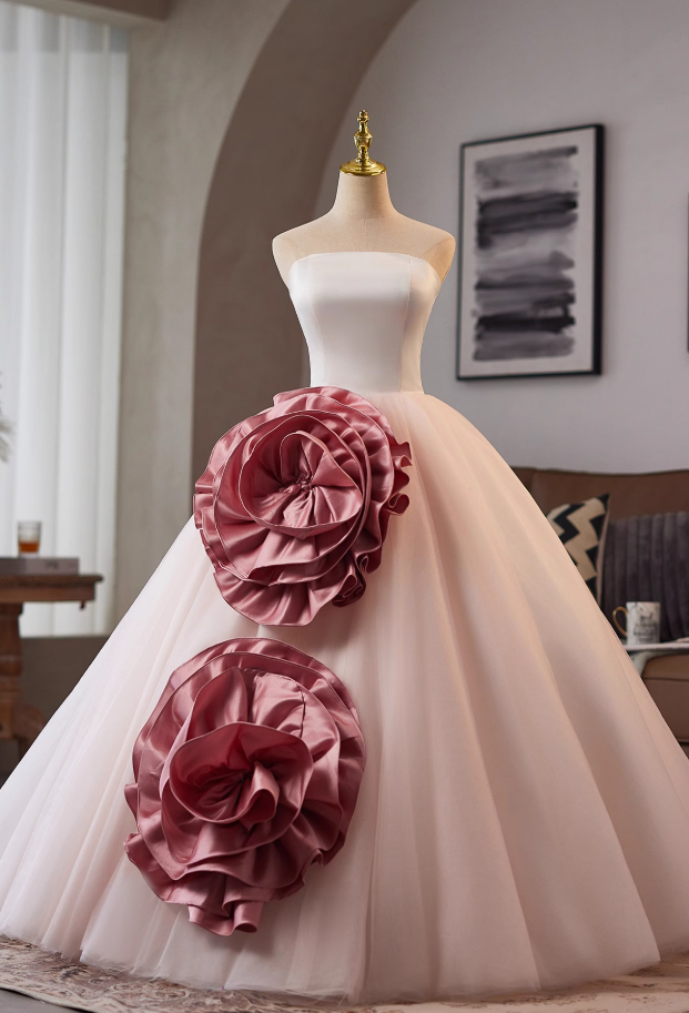 Fitted Strapless A-Line Sweet 16th Gowns Handmade Flowers Layered Tulle Prom Dress AP4988