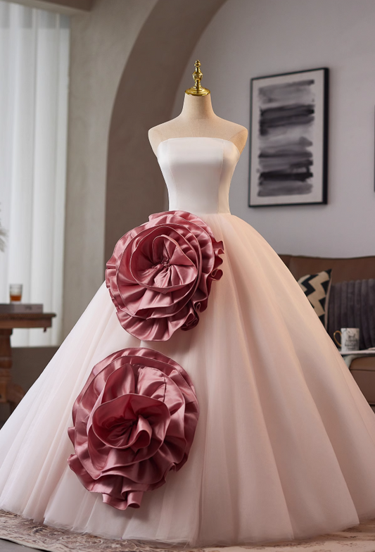 Fitted Strapless A-Line Sweet 16th Gowns Handmade Flowers Layered Tulle Prom Dress AP4988