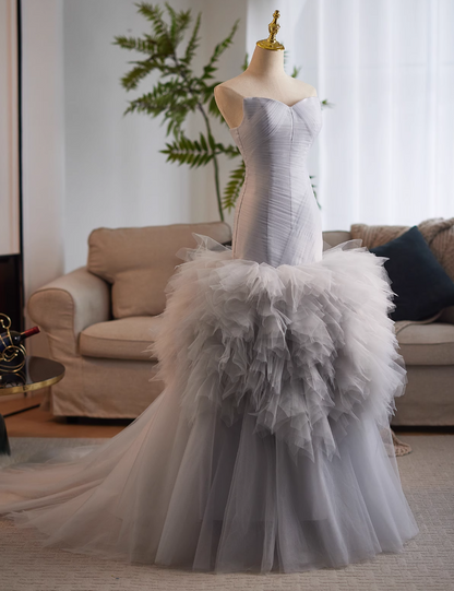 Trendy Strapless Pleated Sweet 16th Mermaid Dresses Layered Tulle Prom Dress AP4989