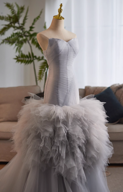Trendy Strapless Pleated Sweet 16th Mermaid Dresses Layered Tulle Prom Dress AP4989