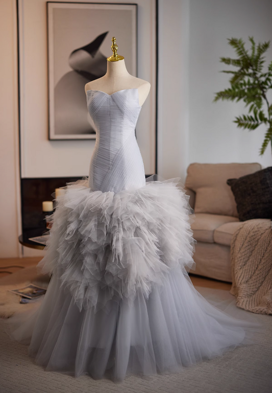 Trendy Strapless Pleated Sweet 16th Mermaid Dresses Layered Tulle Prom Dress AP4989