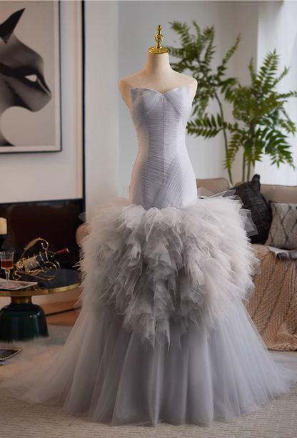 Trendy Strapless Pleated Sweet 16th Mermaid Dresses Layered Tulle Prom Dress AP4989