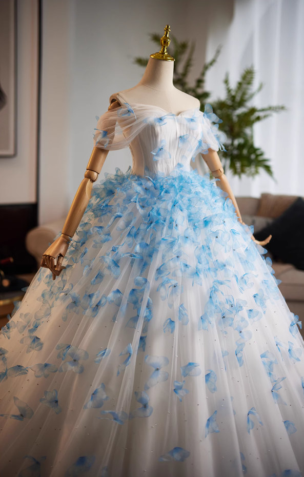 Attractive Off-Shoulder A-Line Sweet 16th Dresses Butterflies Beaded Sequins Tulle Prom Dress AP4990