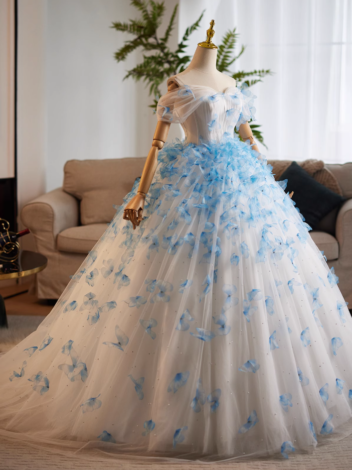 Attractive Off-Shoulder A-Line Sweet 16th Dresses Butterflies Beaded Sequins Tulle Prom Dress AP4990