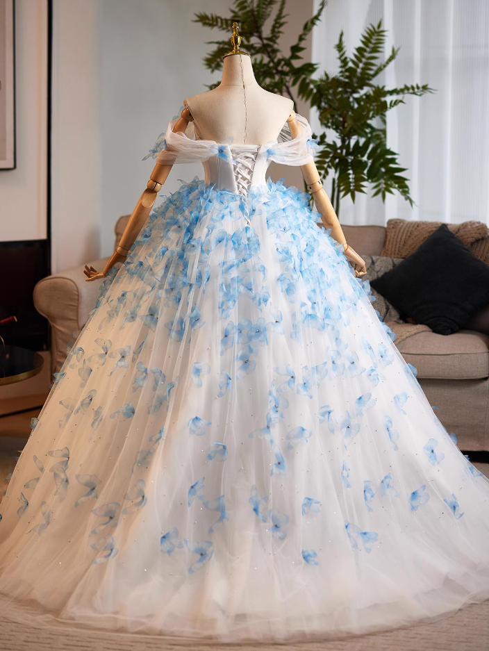 Attractive Off-Shoulder A-Line Sweet 16th Dresses Butterflies Beaded Sequins Tulle Prom Dress AP4990