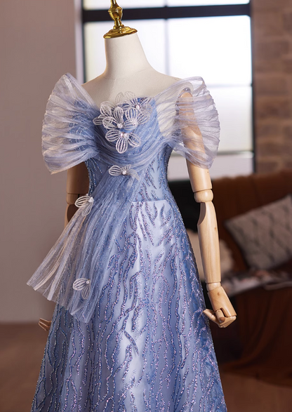 Sexy Tulle Off-Shoulder A-Line Sweet 16th Dresses Sequins Beading Appliques Prom Dress AP4991