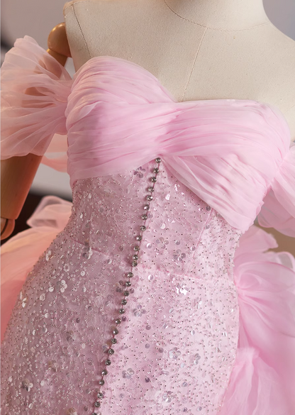 Vogue Off-Shoulder High-Slit Evening Mermaid Gowns Sequins Beaded Pink Tulle Prom Dress AP4992