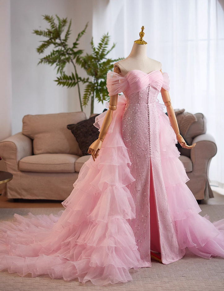 Vogue Off-Shoulder High-Slit Evening Mermaid Gowns Sequins Beaded Pink Tulle Prom Dress AP4992