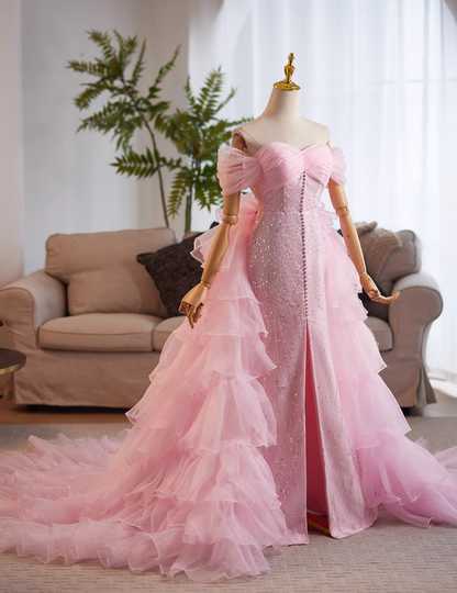 Vogue Off-Shoulder High-Slit Evening Mermaid Gowns Sequins Beaded Pink Tulle Prom Dress AP4992