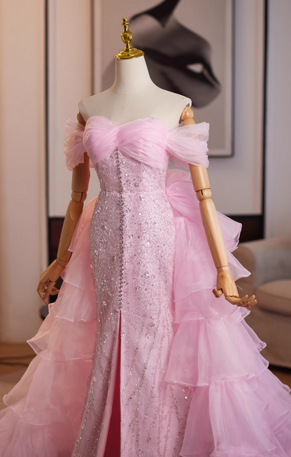 Vogue Off-Shoulder High-Slit Evening Mermaid Gowns Sequins Beaded Pink Tulle Prom Dress AP4992