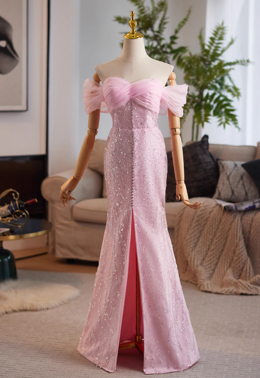 Vogue Off-Shoulder High-Slit Evening Mermaid Gowns Sequins Beaded Pink Tulle Prom Dress AP4992