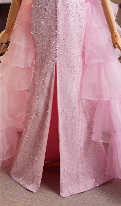Vogue Off-Shoulder High-Slit Evening Mermaid Gowns Sequins Beaded Pink Tulle Prom Dress AP4992