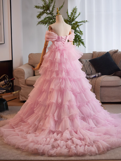 Vogue Off-Shoulder High-Slit Evening Mermaid Gowns Sequins Beaded Pink Tulle Prom Dress AP4992