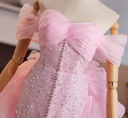 Vogue Off-Shoulder High-Slit Evening Mermaid Gowns Sequins Beaded Pink Tulle Prom Dress AP4992