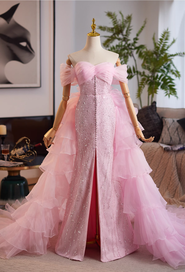 Vogue Off-Shoulder High-Slit Evening Mermaid Gowns Sequins Beaded Pink Tulle Prom Dress AP4992