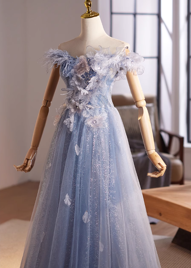 Princess Off-Shoulder A-Line Blue Sweet 16th Dresses Sequins Appliques Feather Tulle Prom Dress AP4994