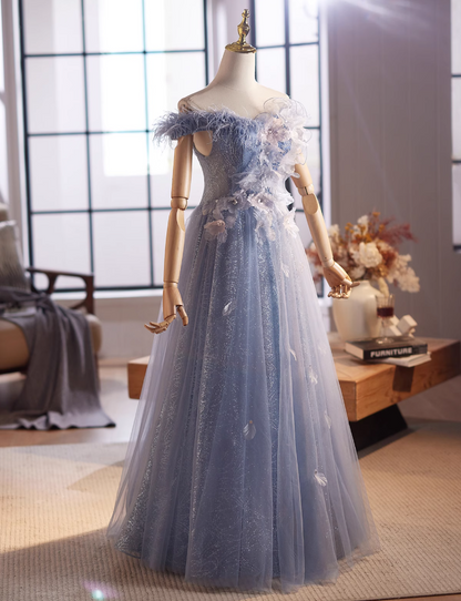 Princess Off-Shoulder A-Line Blue Sweet 16th Dresses Sequins Appliques Feather Tulle Prom Dress AP4994