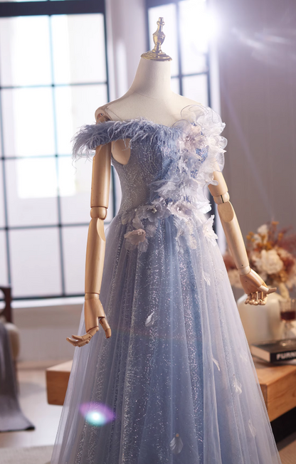 Princess Off-Shoulder A-Line Blue Sweet 16th Dresses Sequins Appliques Feather Tulle Prom Dress AP4994