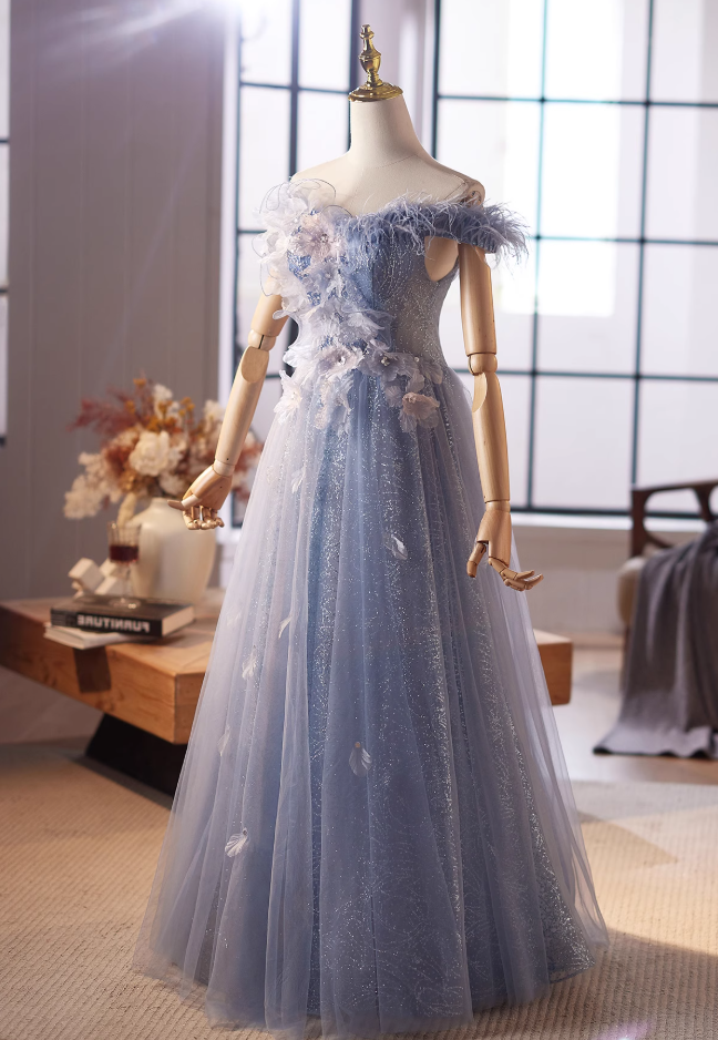 Princess Off-Shoulder A-Line Blue Sweet 16th Dresses Sequins Appliques Feather Tulle Prom Dress AP4994