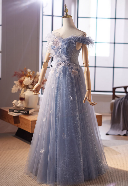 Princess Off-Shoulder A-Line Blue Sweet 16th Dresses Sequins Appliques Feather Tulle Prom Dress AP4994
