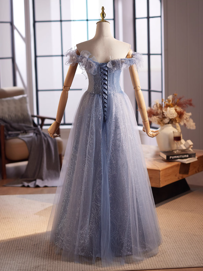 Princess Off-Shoulder A-Line Blue Sweet 16th Dresses Sequins Appliques Feather Tulle Prom Dress AP4994