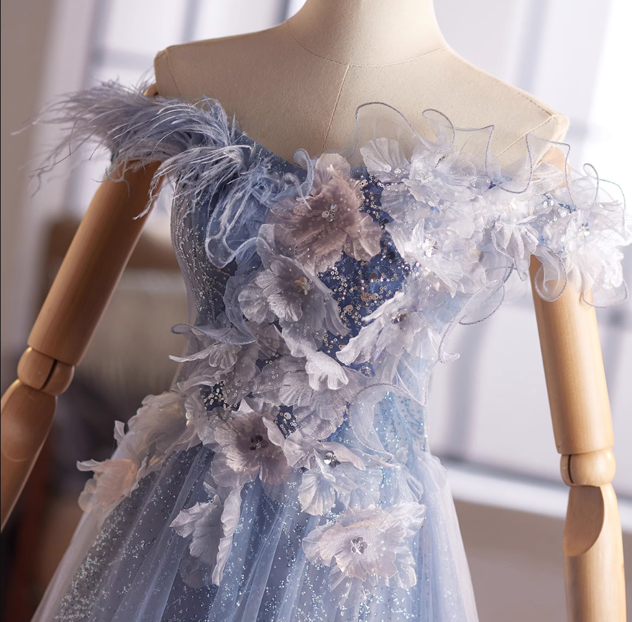 Princess Off-Shoulder A-Line Blue Sweet 16th Dresses Sequins Appliques Feather Tulle Prom Dress AP4994