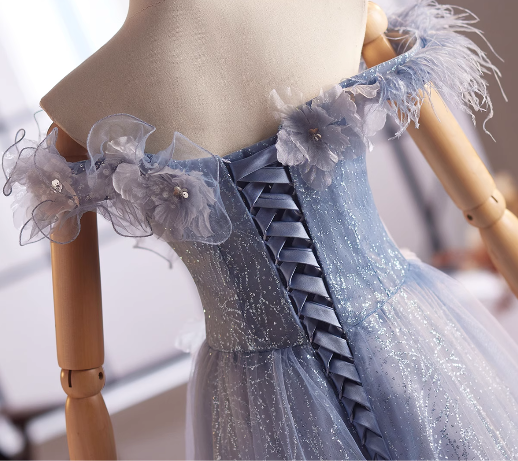 Princess Off-Shoulder A-Line Blue Sweet 16th Dresses Sequins Appliques Feather Tulle Prom Dress AP4994