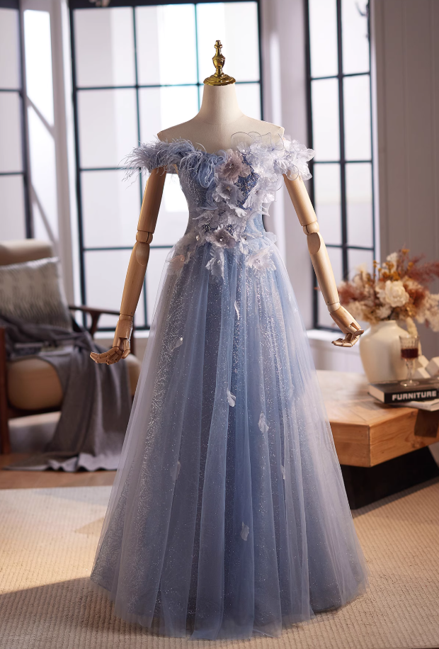 Princess Off-Shoulder A-Line Blue Sweet 16th Dresses Sequins Appliques Feather Tulle Prom Dress AP4994